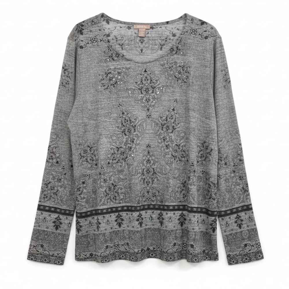 White Stag Womens XL Grey Paisley Damask Sequin Long Sleeve Top WSL45501PR